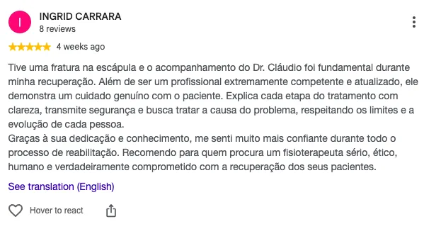 Avaliação de Ingrid Carrara no Google, com cinco estrelas