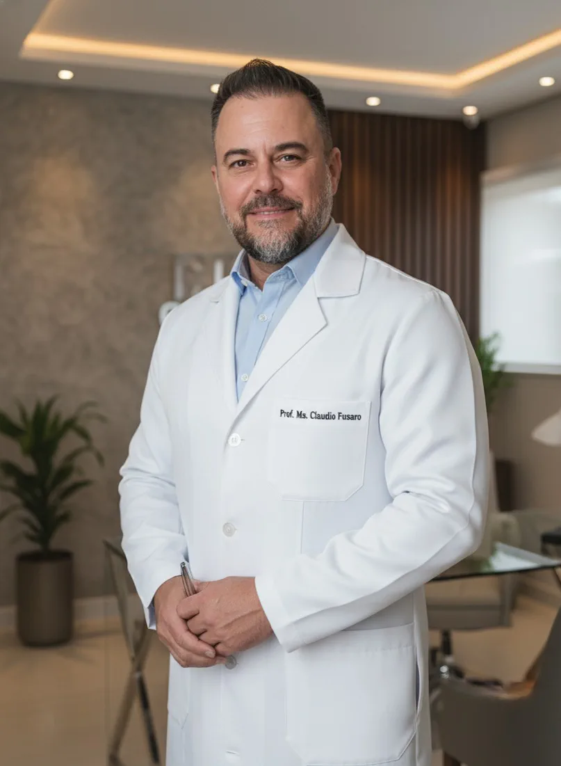 Prof. Me. Cláudio Fusaro de jaleco em seu consultório
